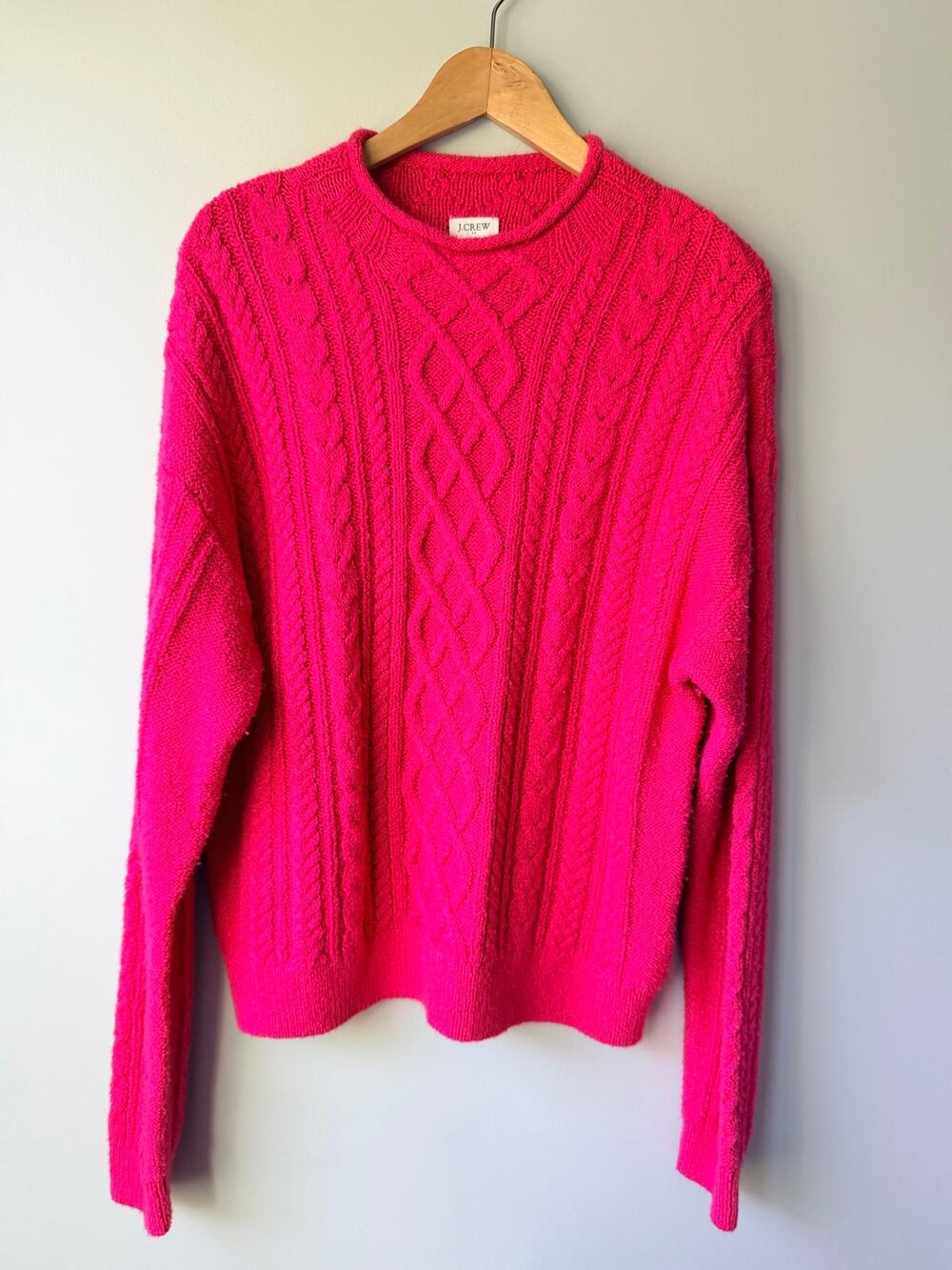 J Crew Womens Size L Fisherman Roll Neck Cable Knit Sweater Coastal Raspberry